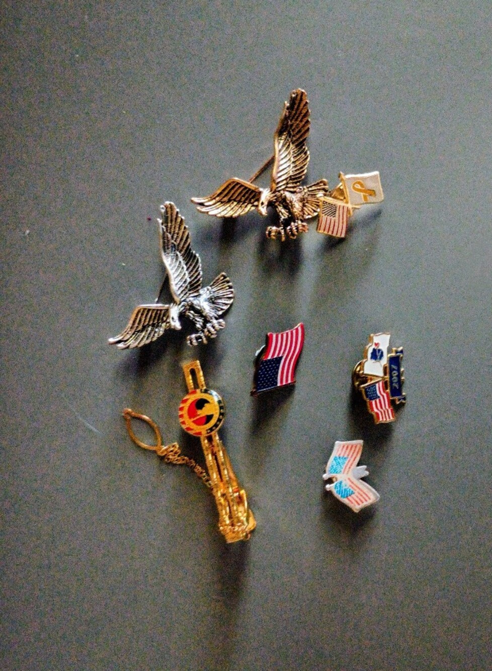 7 in all American Flag Pins, Tie Clip and Eagle Pins